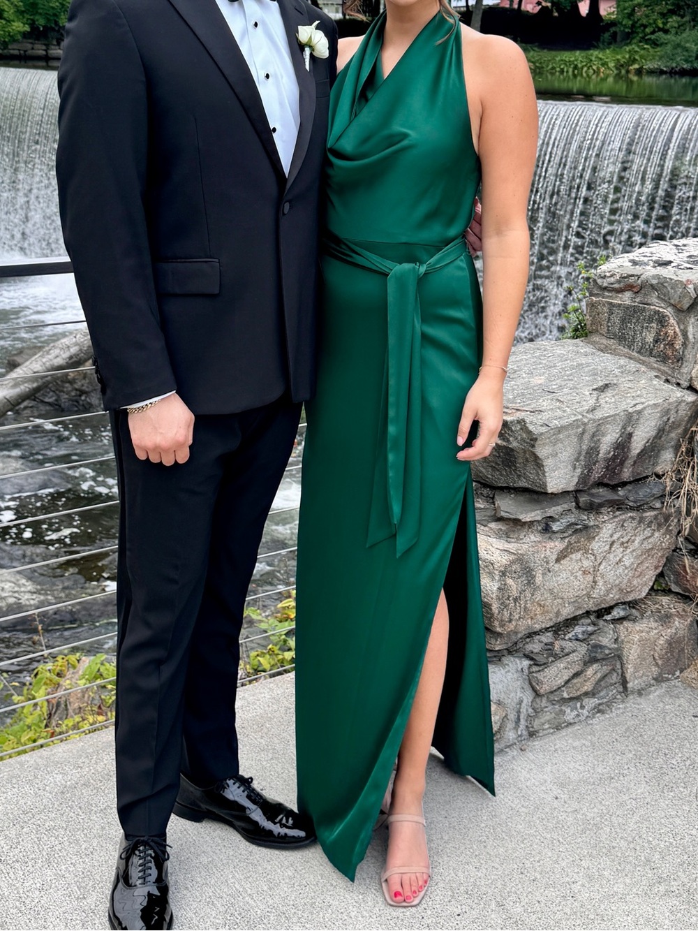 Liv Foster Satin Cowl-Neck Column Gown - size 8 - emerald green maxi dress